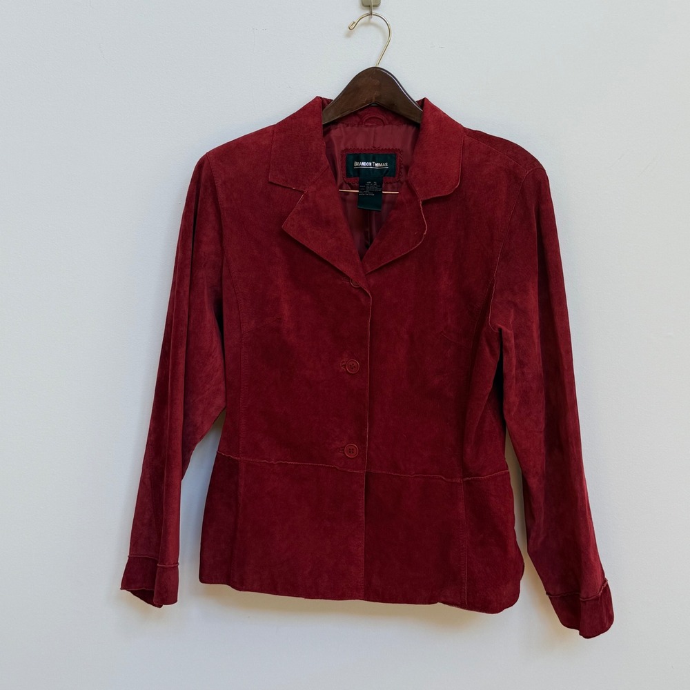 Vintage Brandon Thomas Garnet Cranberry Suede Leather Blazer XL Y2K - Picture 7 of 7